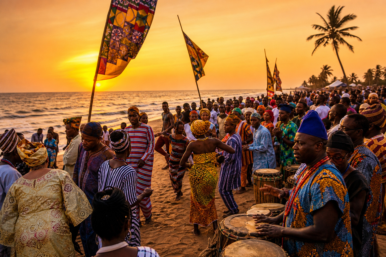 Olokun World Festival celebration at Kakanfo-Falola Beach Badagry Lagos with traditional Yoruba cultural performers